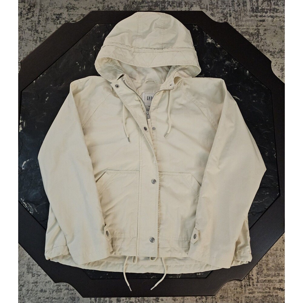 GAP Women's XL Hooded Jacket Water Repellent Ivory Full Zip Utility Rain Coat